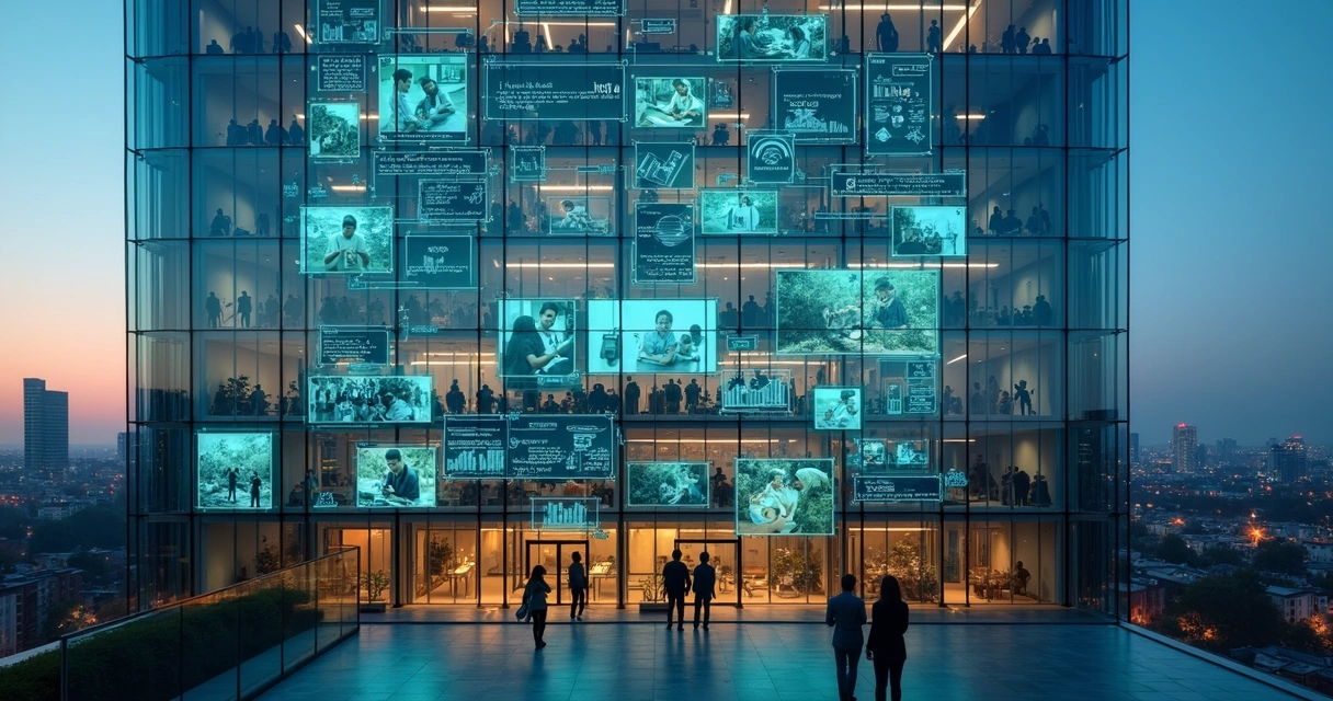 Mosaico de fotos projetado sobre prédio corporativo integrado a ações sociais 