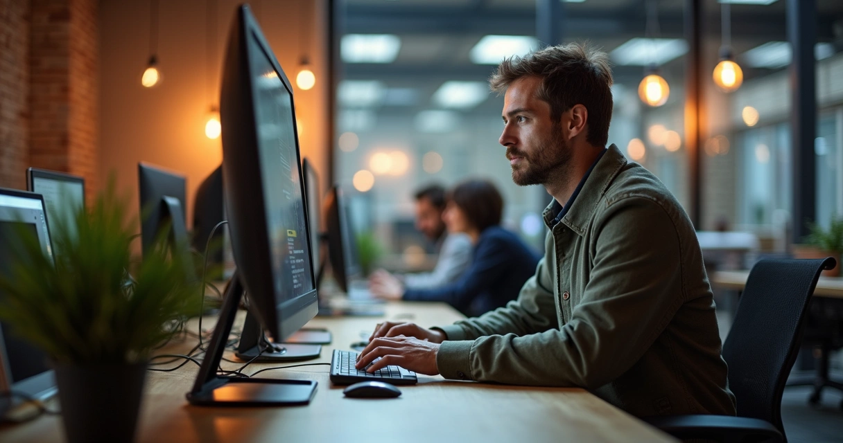 Fundador de startup observa equipe trabalhando com orgulho 