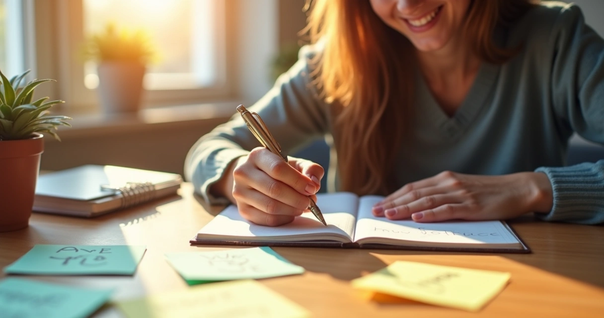 Pessoa sorrindo ao escrever afirmações positivas num caderno 