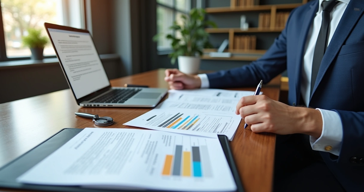 Attorney reviewing a business plan with charts on a desk