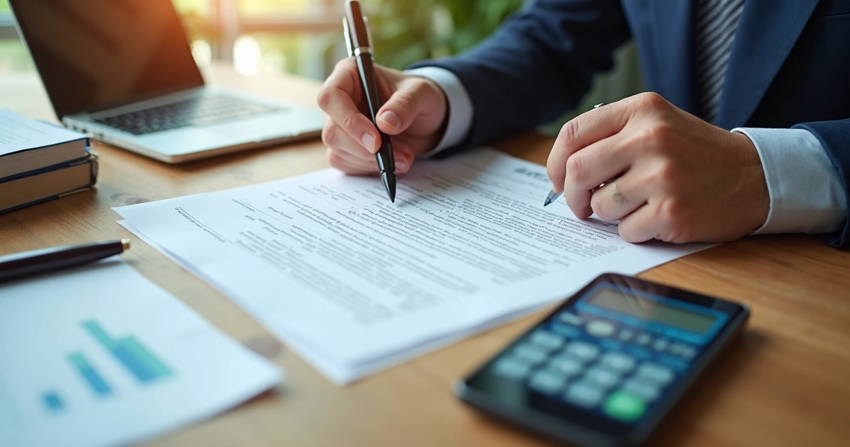 Hands reviewing a legal contract with a calculator and pen on an office desk 