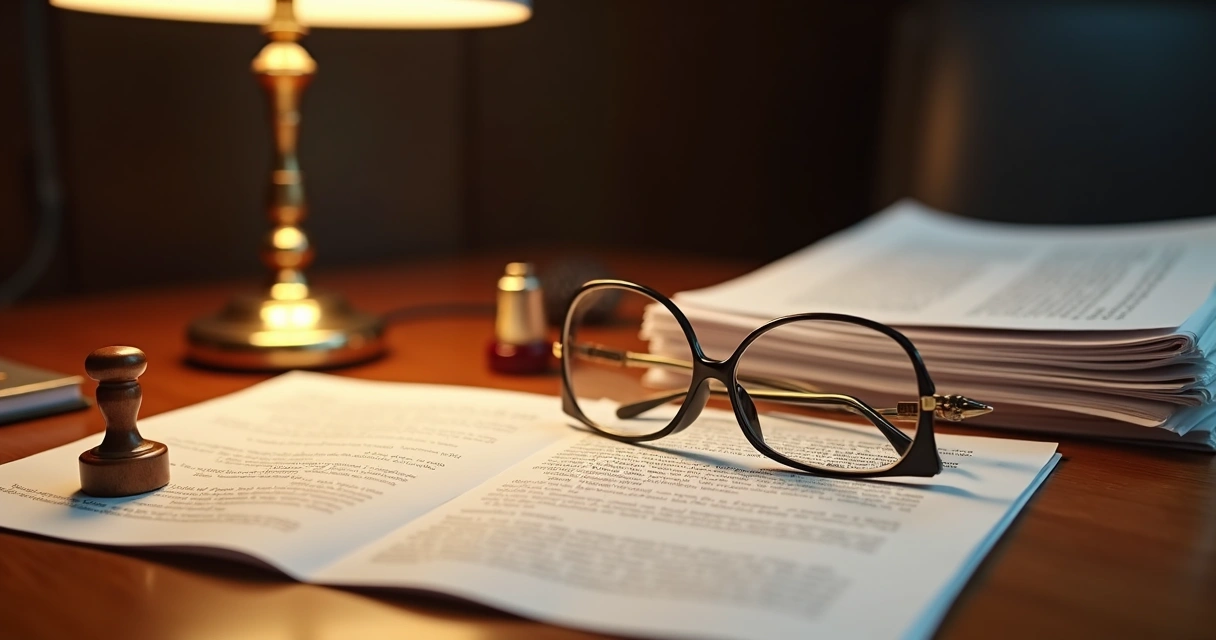Legal evidence documents and stamp on a lawyer's desk