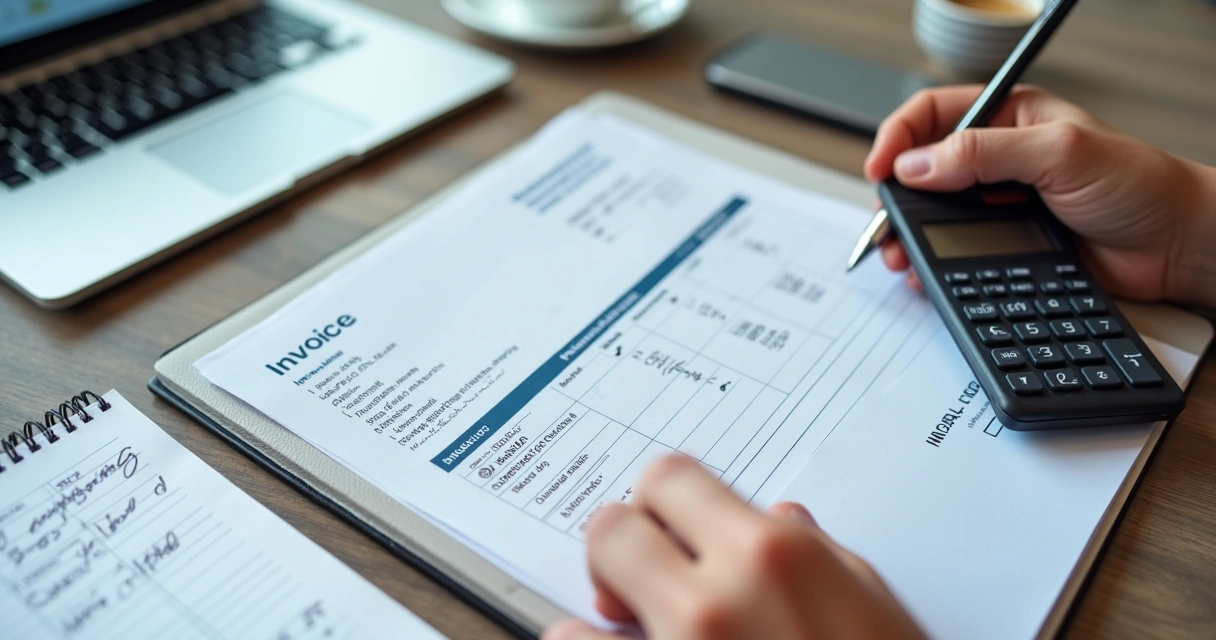 Close-up of hands with calculator inspecting legal invoices 