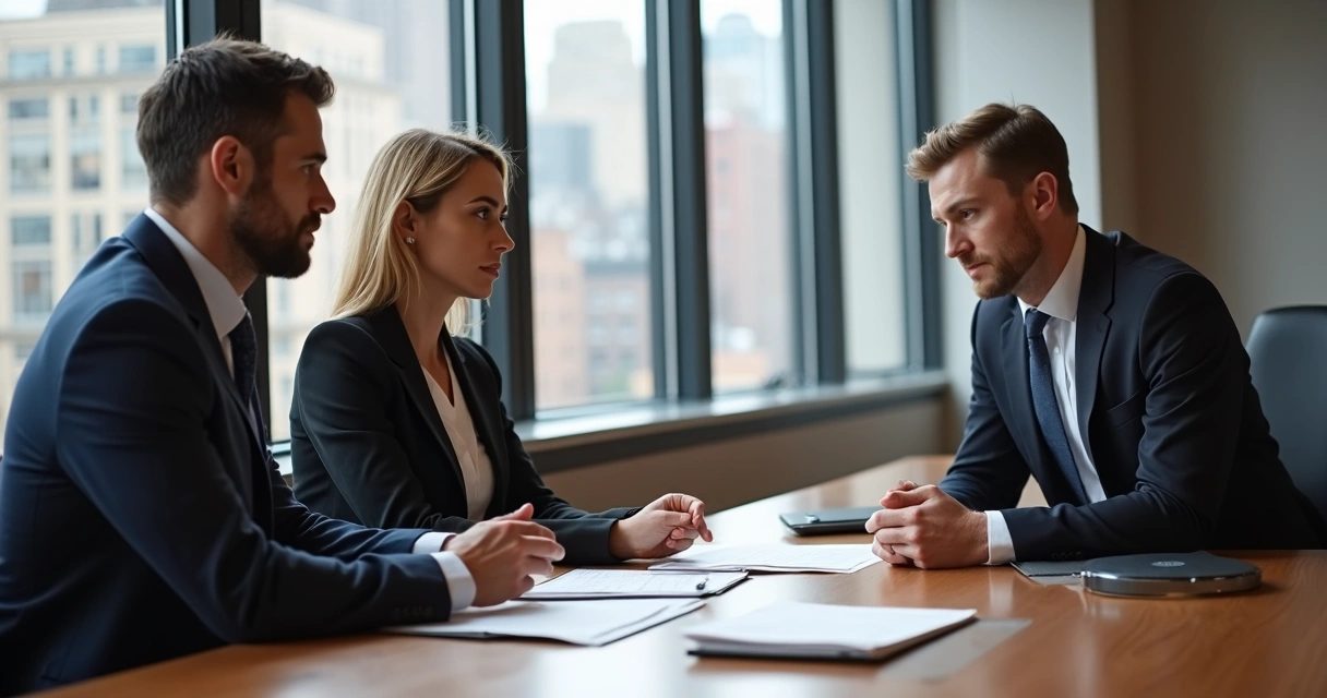 Real estate lawyer and client negotiating terms in NYC office 