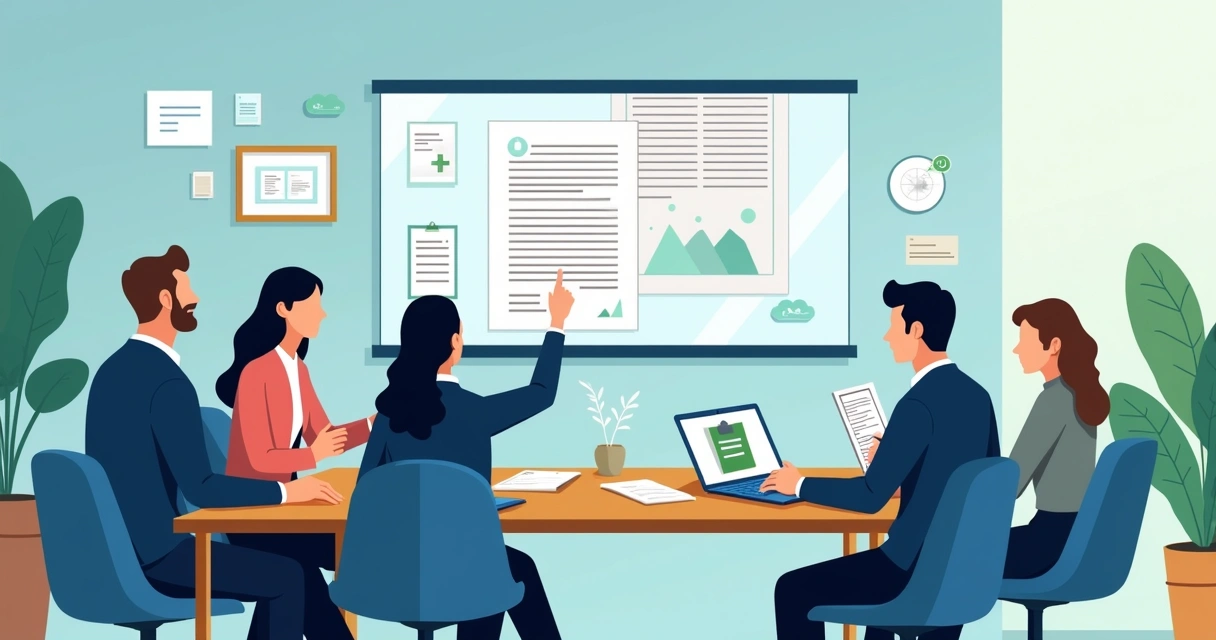 Legal and business team collaborating over digital contract on screen 