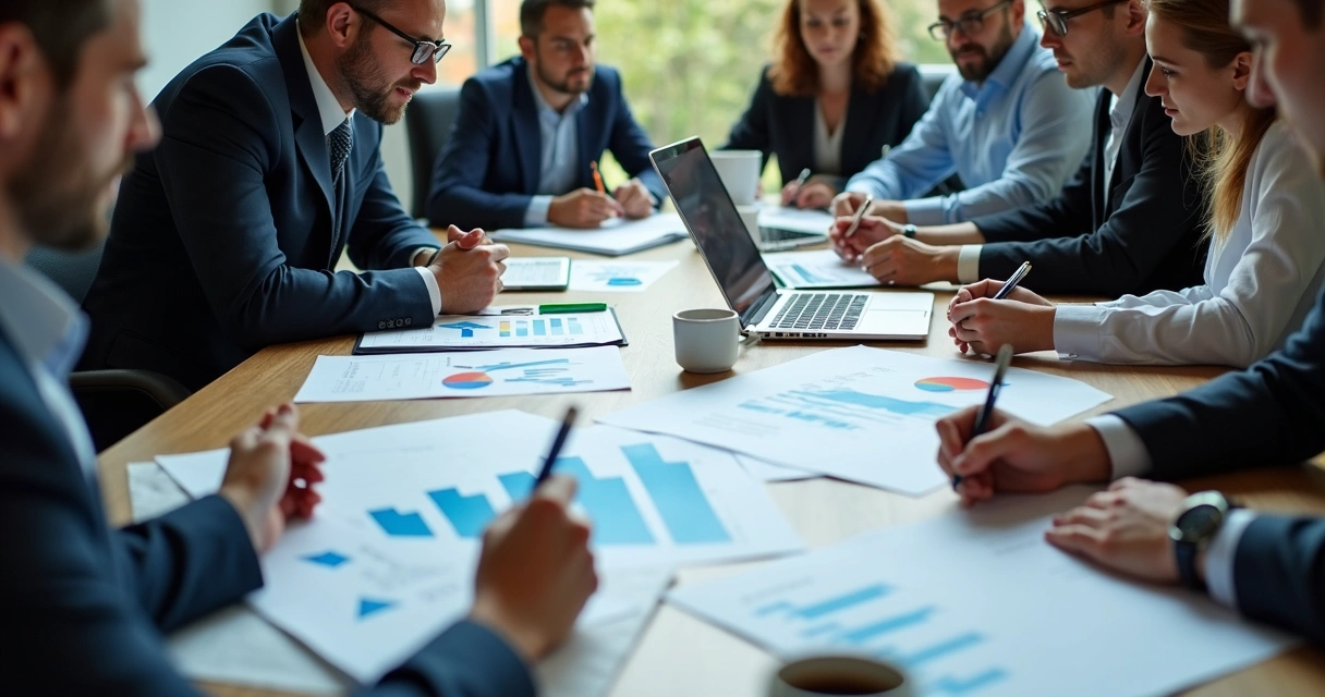 Legal professionals reviewing business plan documents on a large table 