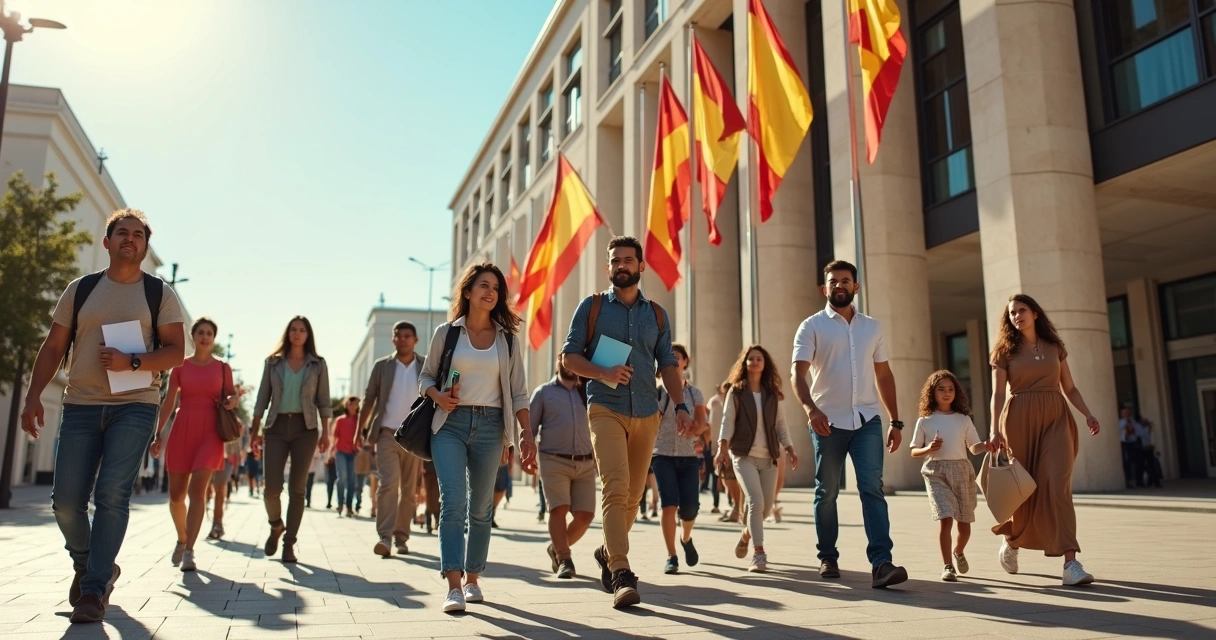 Grupo de imigrantes diversos caminhando em frente a um prédio governamental na Espanha com bandeira espanhola ao fundo 