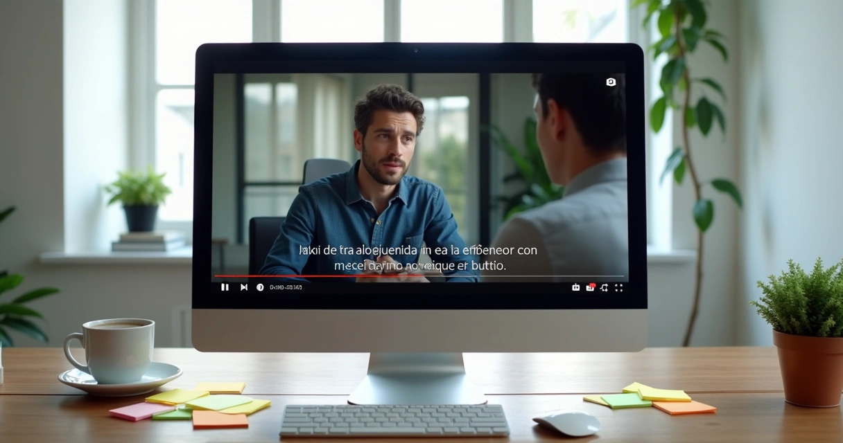 Tela de computador exibindo vídeo com legendas automáticas sincronizadas 