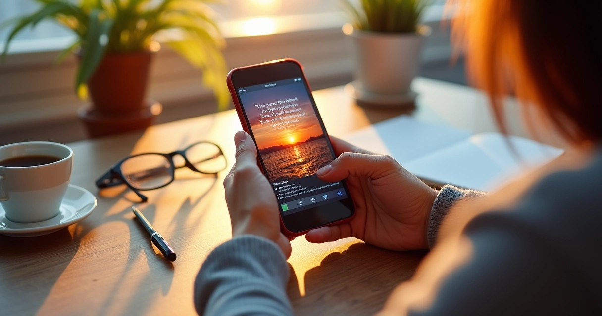 Celular sobre mesa mostrando publicação no Instagram com frase de inspiração 