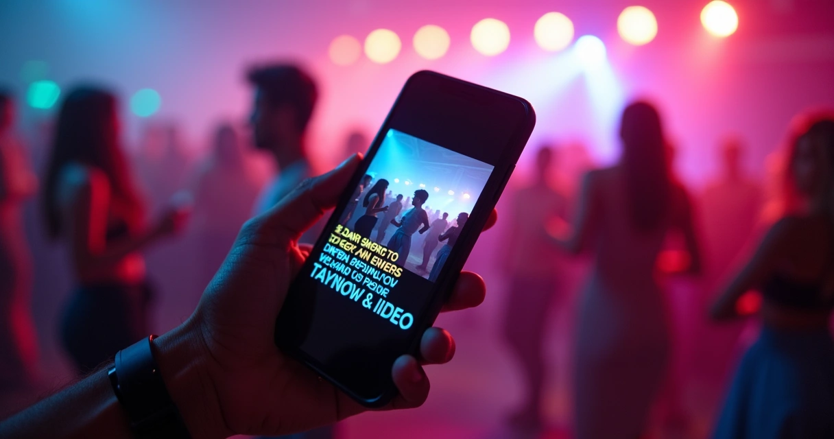 Hand holding smartphone with subtitled event video. 