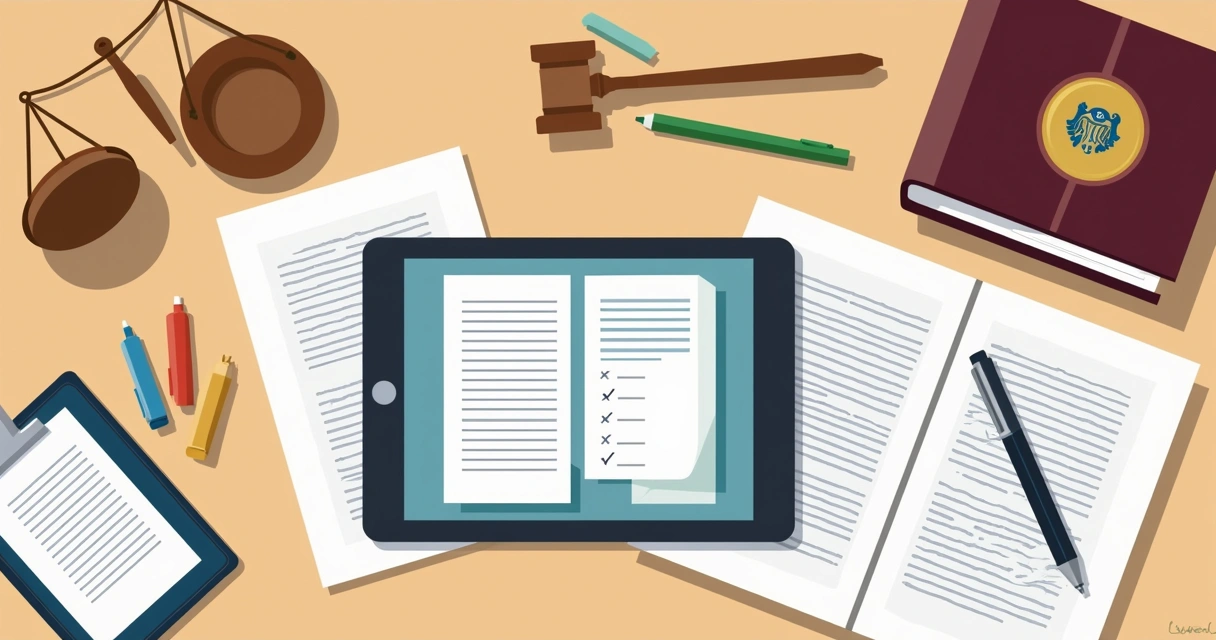 Mesa com papéis, cadernos e balança de justiça ao lado de um tablet com regras eleitorais 