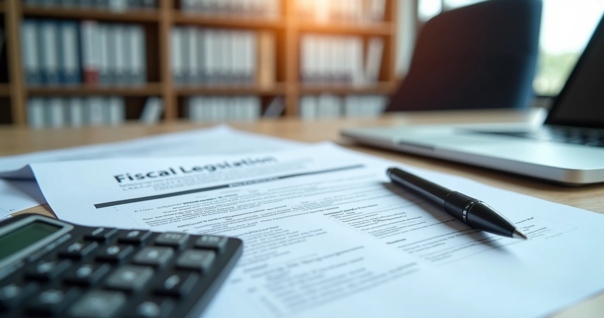 Mesa com documentos fiscais, contrato empresarial, calculadora e caneta sobre fundo de escritório moderno 