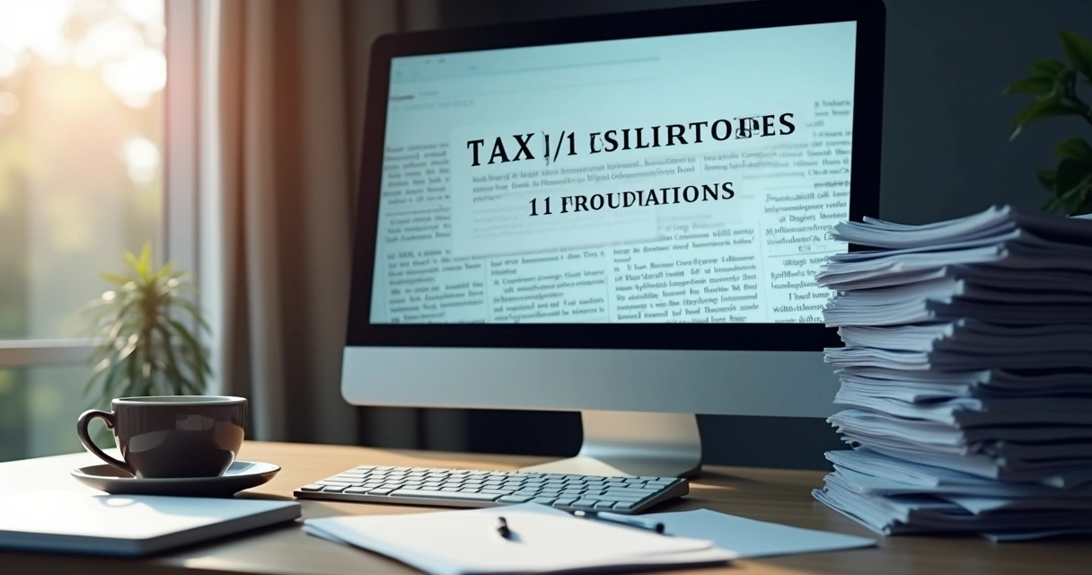 Tela de computador exibindo legislação fiscal digital ao lado de pilha de documentos 