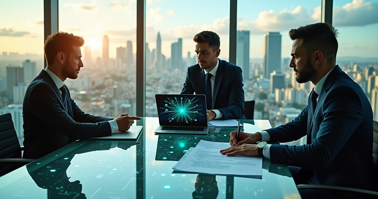 Executivos analisando legislação de inteligência artificial no Brasil em um escritório moderno 