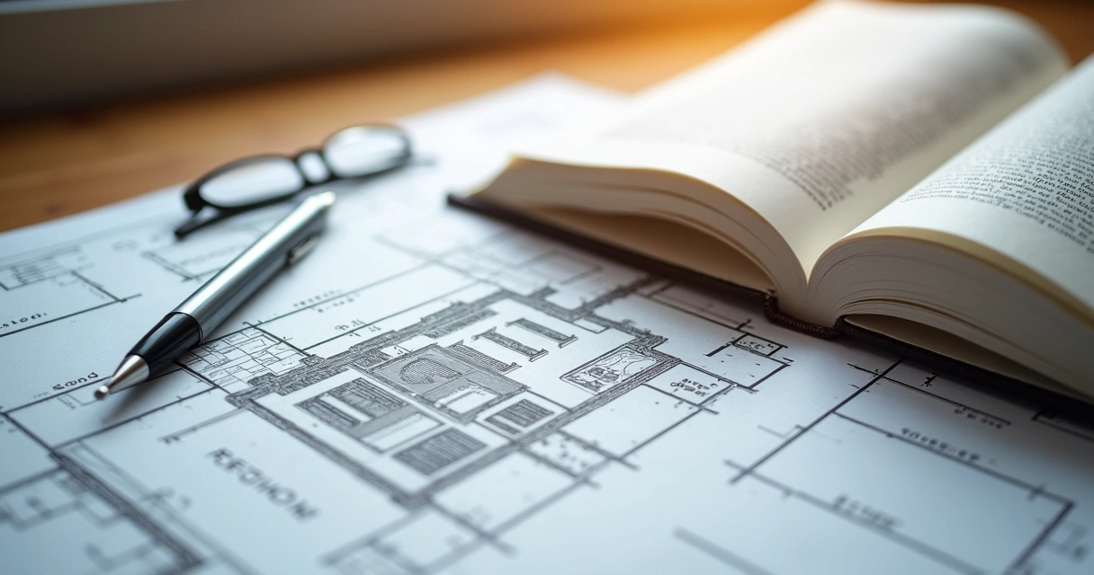 Livro de legislação e plantas de imóvel lado a lado, simbolizando mudanças em normas imobiliárias 