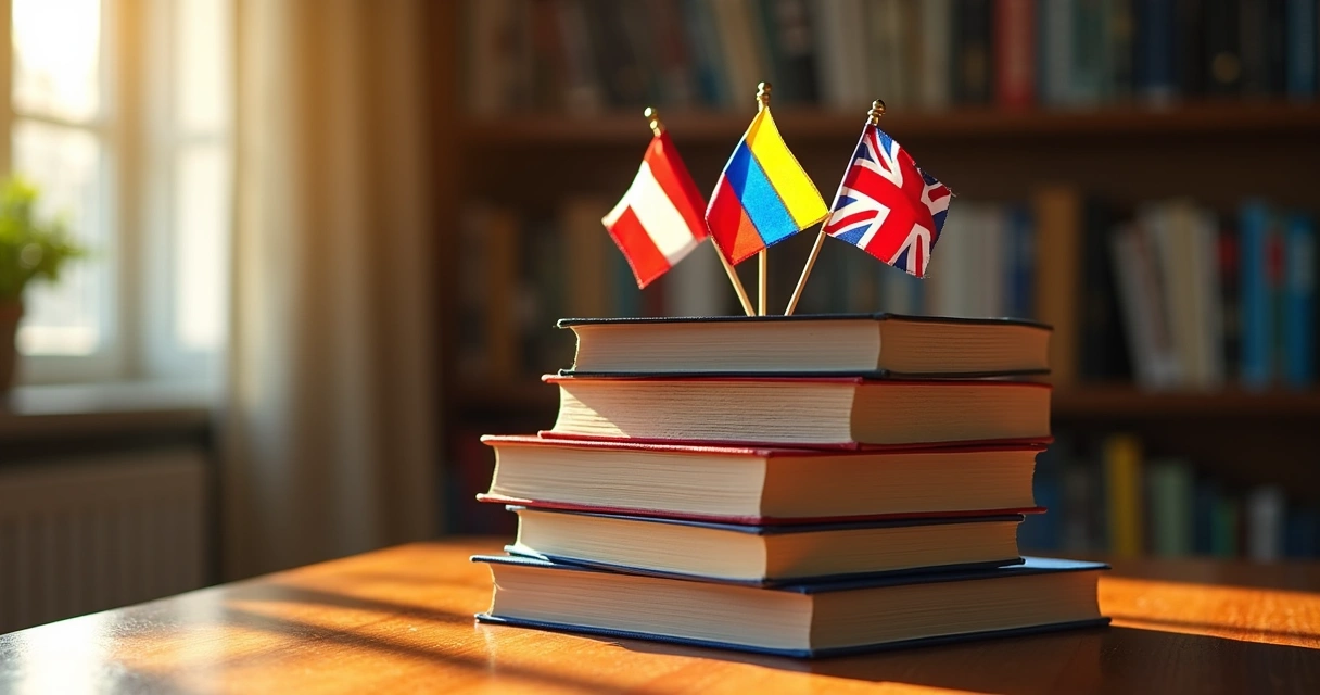 Livros de leis fiscais empilhados com bandeiras de diversos países em cima 