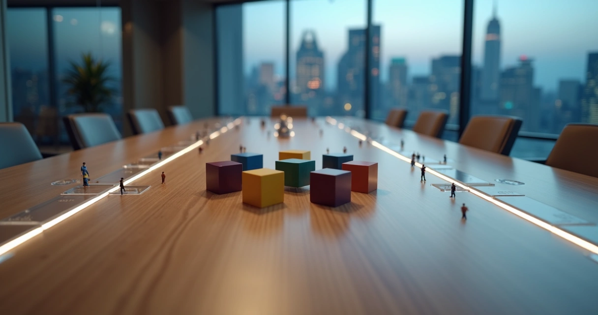 Peças de blocos formando equipe de trabalho equilibrada em mesa de reunião 