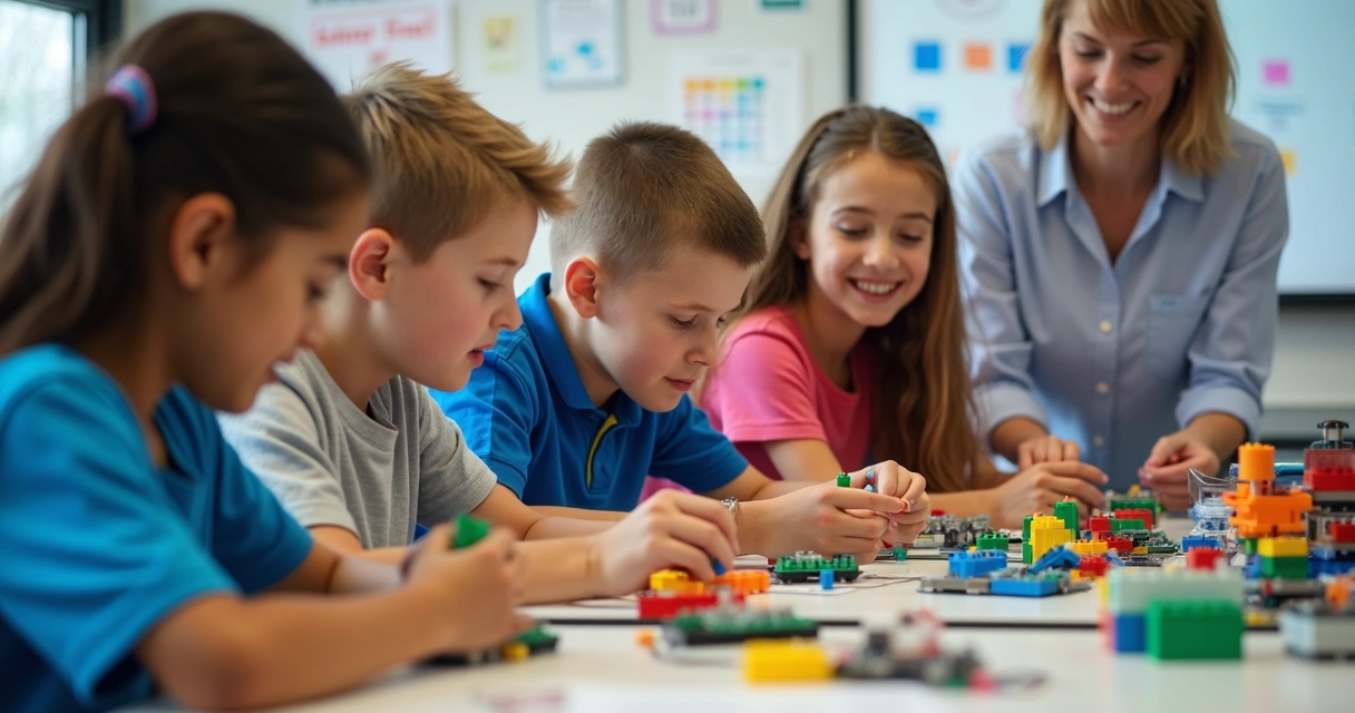 Alunos utilizando kits LEGO Education e micro:bit em sala de aula. 