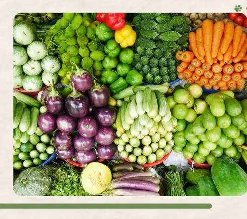 Diversos legumes frescos organizados em cestas coloridas, incluindo berinjelas roxas, cenouras, pimentões e abobrinhas.