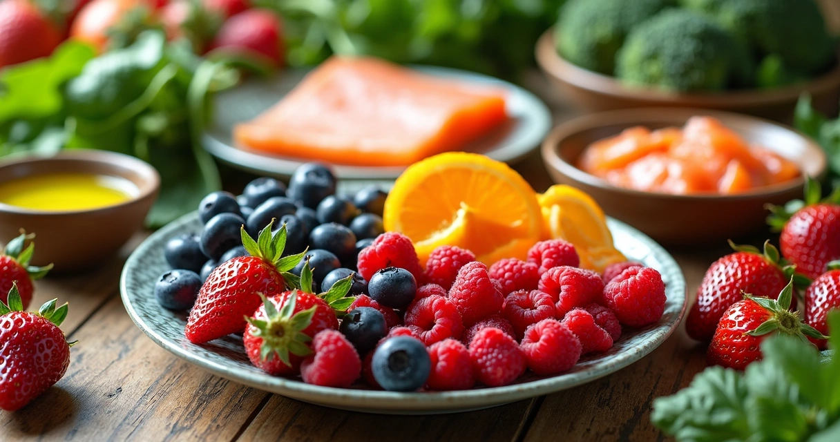 Prato colorido com legumes e frutas frescas 