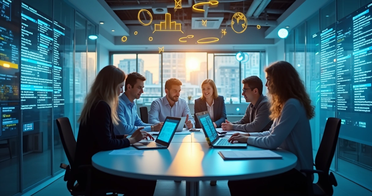 Ilustração mostrando um grupo de profissionais de diferentes idades reunidos em ambiente empresarial moderno, gráficos digitais transparentes flutuando ao redor, simulando inovação e tecnologia 