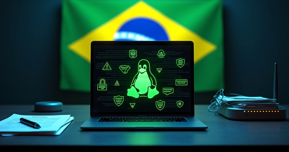 Bandeira do Brasil atrás de laptop com símbolo do Linux cercado por ícones de segurança digital 