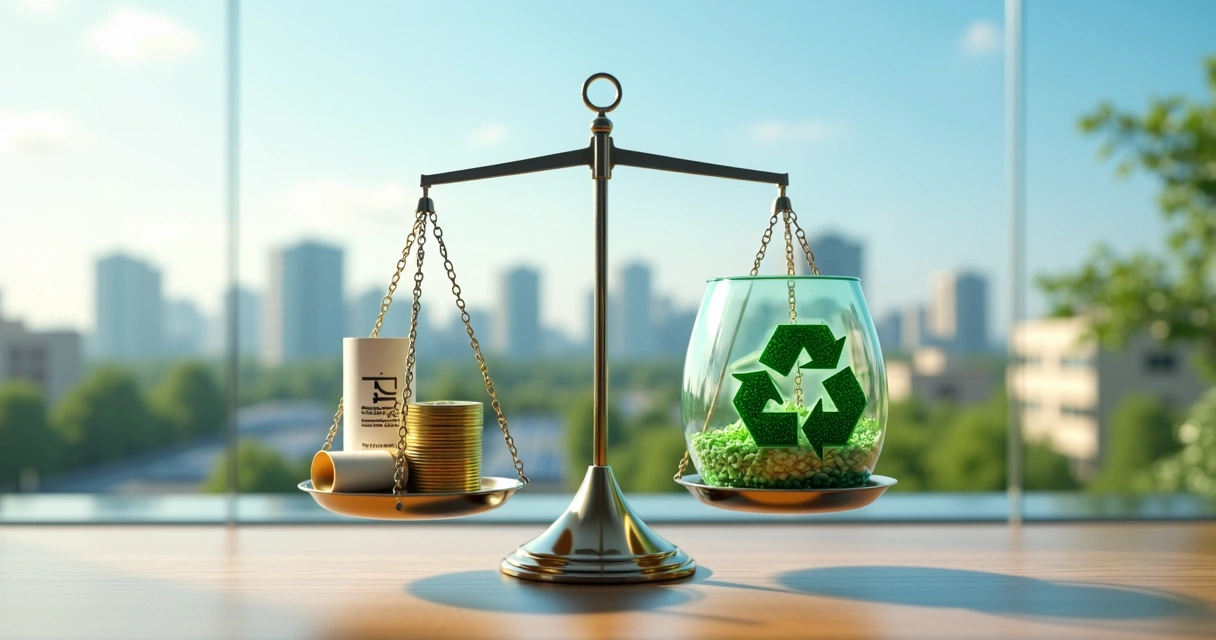 Balança equilibrando moeda e símbolo de reciclagem em cenário urbano sustentável 
