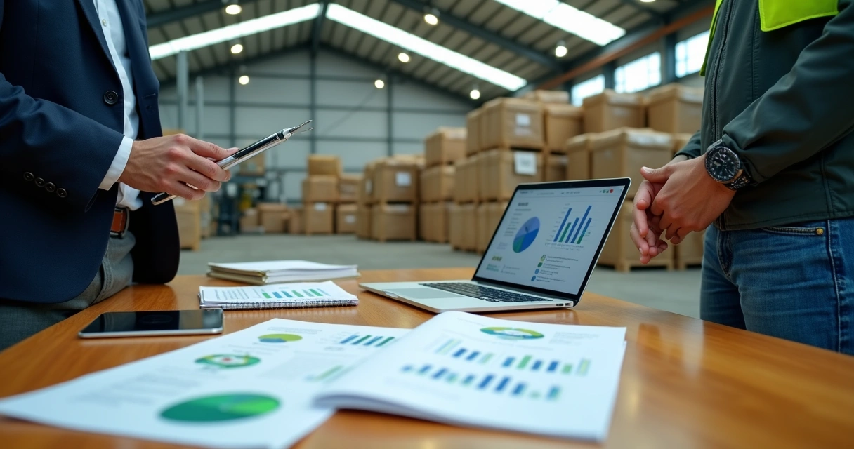 Empresário e líder de projeto de reciclagem analisando relatórios em galpão com fardos de material reciclado 