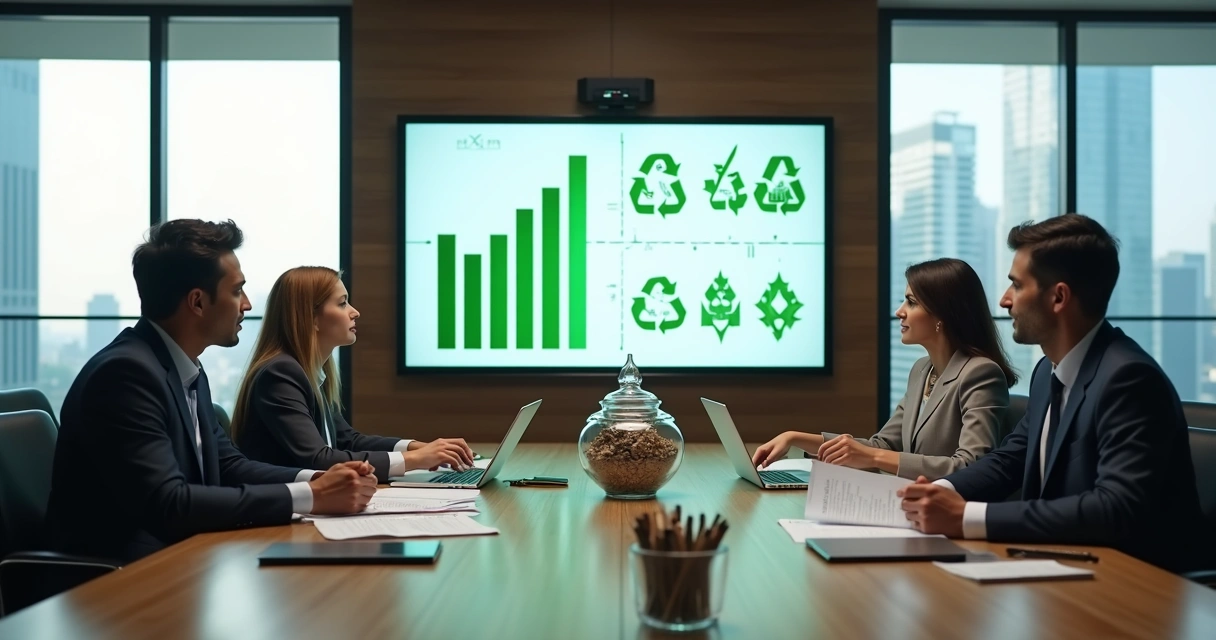 Executivos analisando investimentos em reciclagem com ícones de resíduos e gráficos verdes ao fundo 