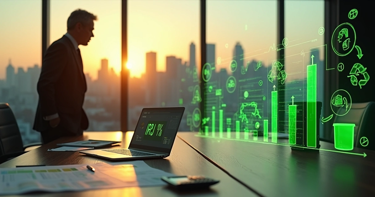 Executivo financeiro analisando gráficos de impostos ao lado de ícones de reciclagem 