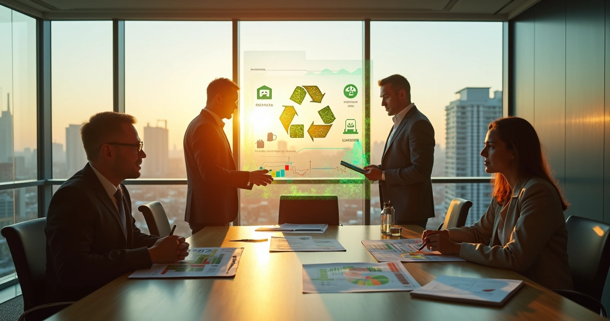Empresários analisando relatório de reciclagem com ícones de economia circular 