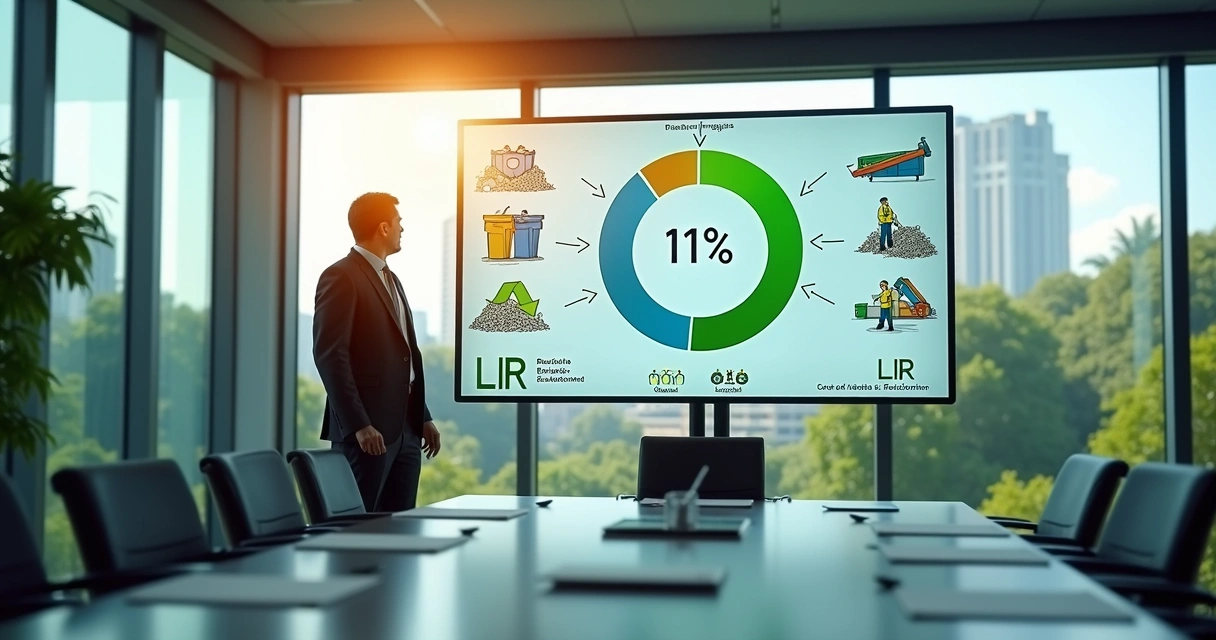 Executivo observa gráfico de impostos destinado a projeto de reciclagem com ícones ESG ao fundo 