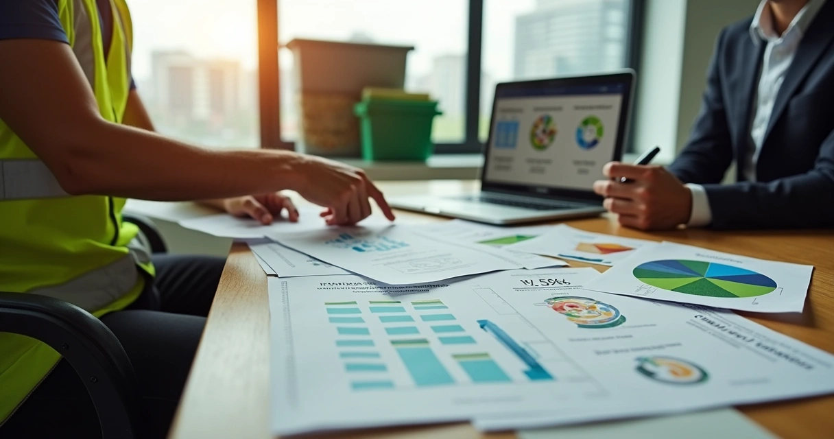 Empresária e empreendedor de reciclagem analisando projeto da Lei de Incentivo à Reciclagem em escritório moderno 