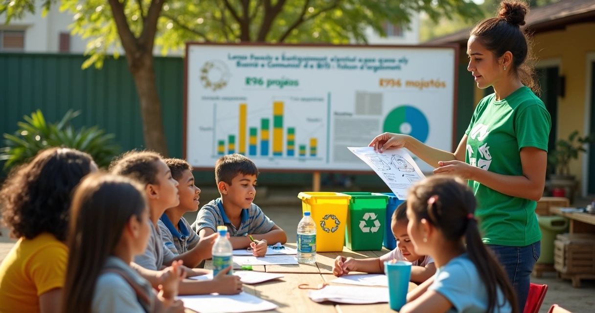 Crianças e adultos em oficina de reciclagem com gráficos de investimento ao fundo 