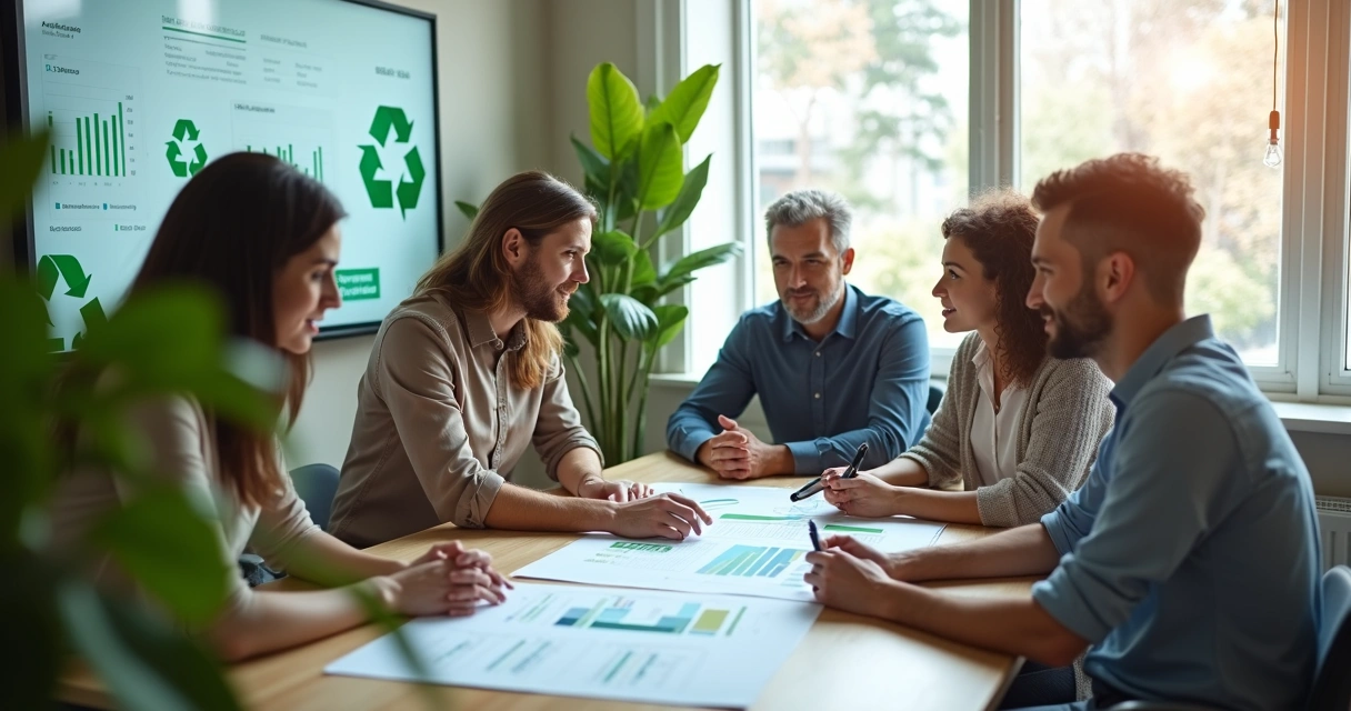Equipe de empresas em reunião, analisando documentos fiscais e gráficos de reciclagem na mesa, com destaque para logo Conecta LIR em tela no fundo 