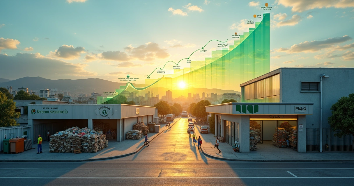 Cenário urbano brasileiro com fábrica, cooperativa de reciclagem e gráfico tributário em ascensão 