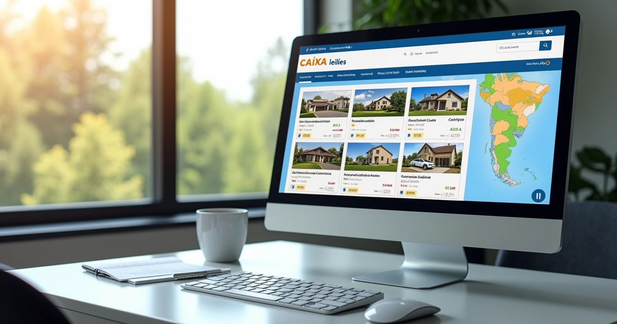 Computador mostrando página de leilão da Caixa com imóveis disponíveis para venda 