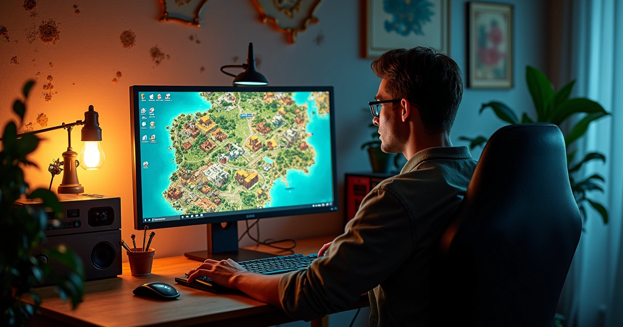 Jogador de Tibia observando leilão de casas em uma interface de computador 