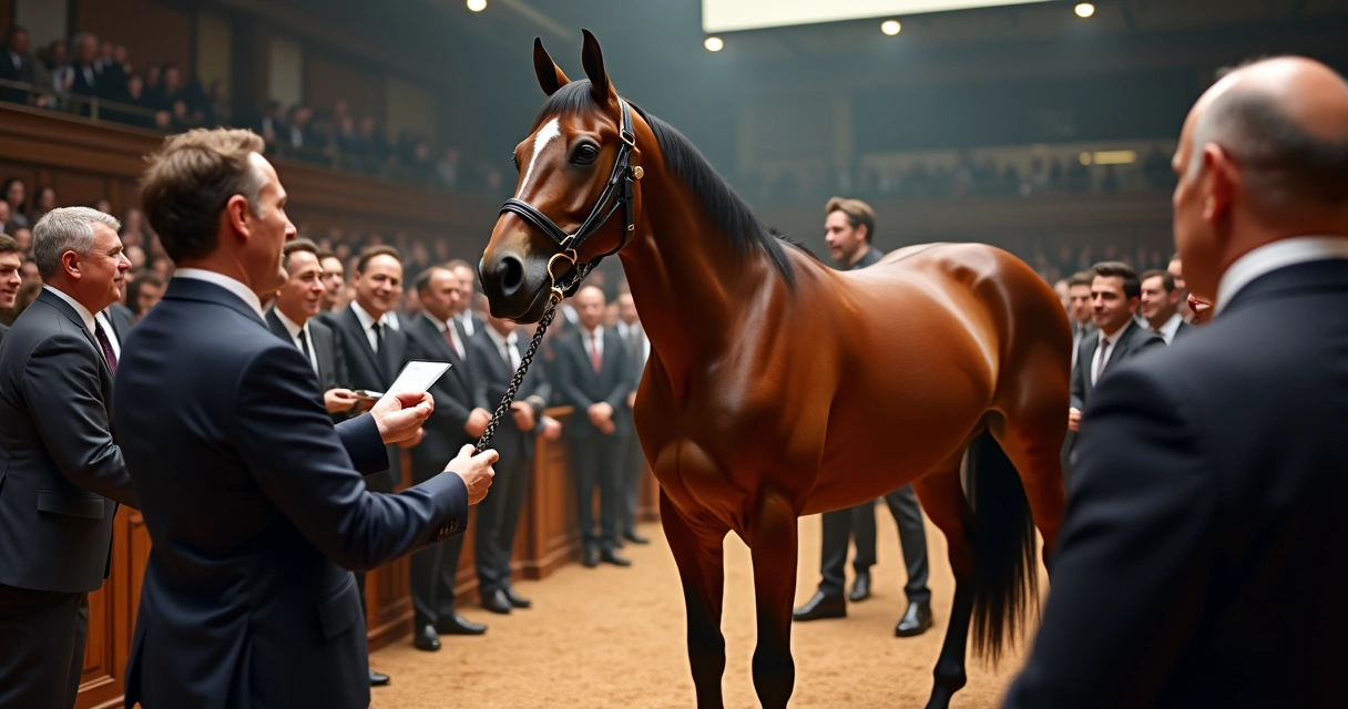 Leilão de cavalos puro-sangue inglês com compradores observando