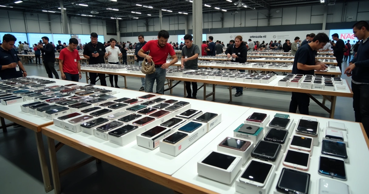 Pessoas analisando lotes de celulares em bancada 