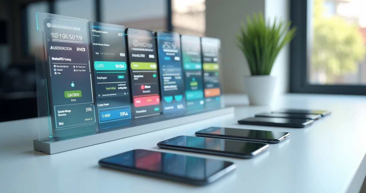 Smartphones modernos dispostos lado a lado com uma tela exibindo plataforma de leilão online com lances em andamento 