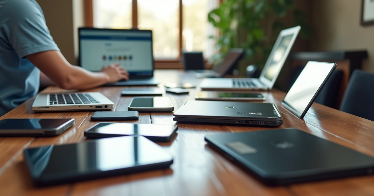 Mesa com vários eletrônicos usados para leilão como computadores, smartphones e tablets organizados para oferta 