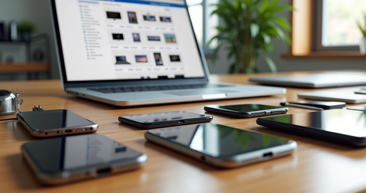 Mesa com diversos eletrônicos como celular, notebook e eletrodomésticos em ambiente iluminado, prontos para leilão online 