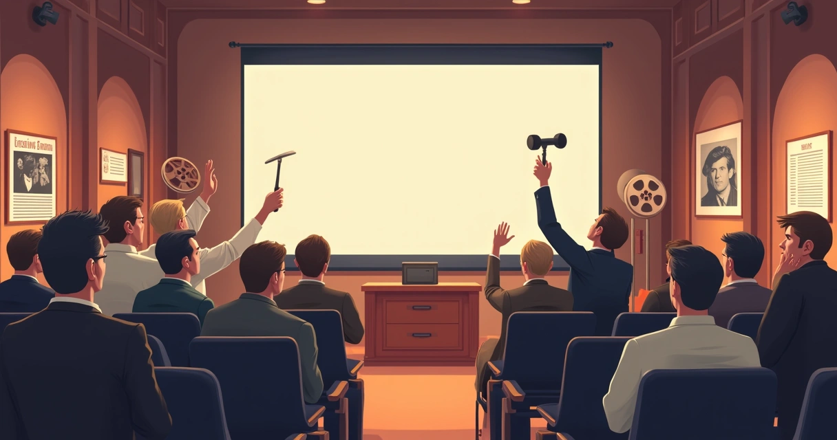 Leilão de filmes clássicos com colecionadores atentos e projeção de filmes antigos 