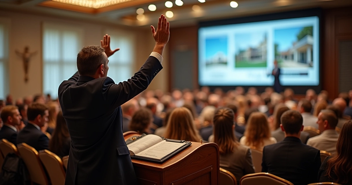 Leiloeiro mostrando lances de imóveis em auditório brasileiro 
