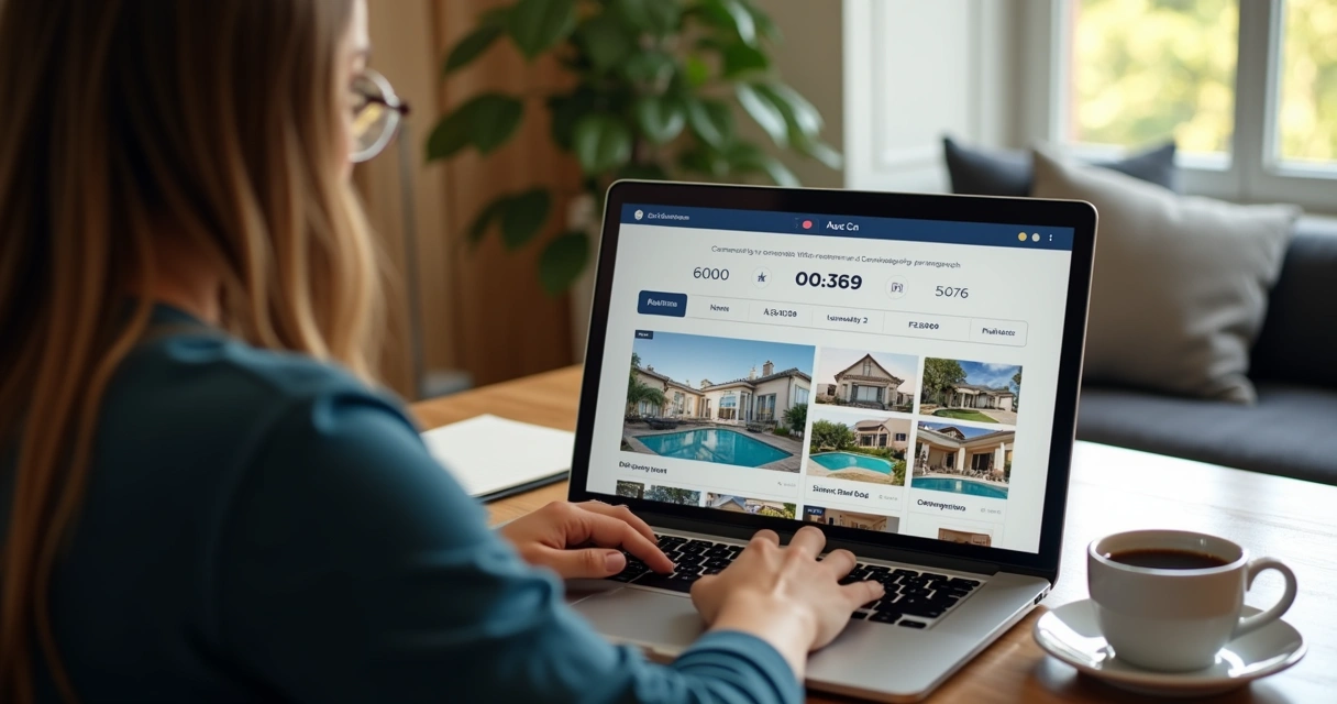 Pessoa participando de leilão online sentado com notebook e café 