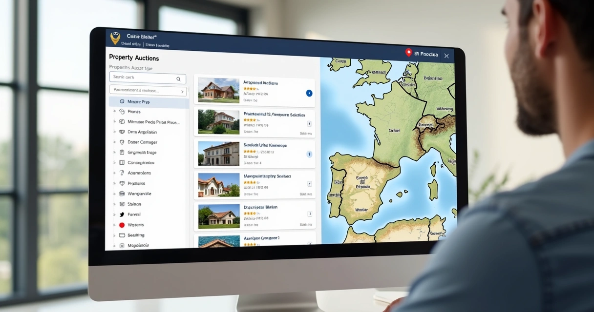 Tela de computador mostrando plataforma online com lista de imóveis em leilão Caixa, filtros de busca à esquerda e mapa detalhado à direita 