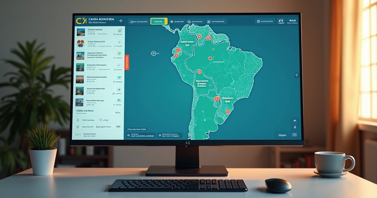 Tela de computador exibindo mapa interativo e listas de imóveis para leilão Caixa 