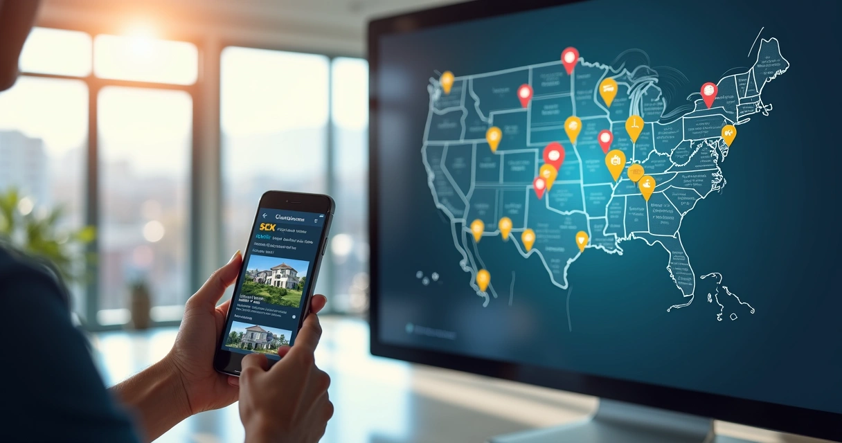 Leilão de imóveis em Curitiba com mapa digital destacando regiões da cidade e lances em dispositivos móveis 
