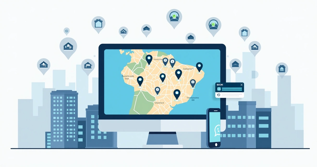 Mapa interativo mostrando imóveis para leilão em bairros de Curitiba 